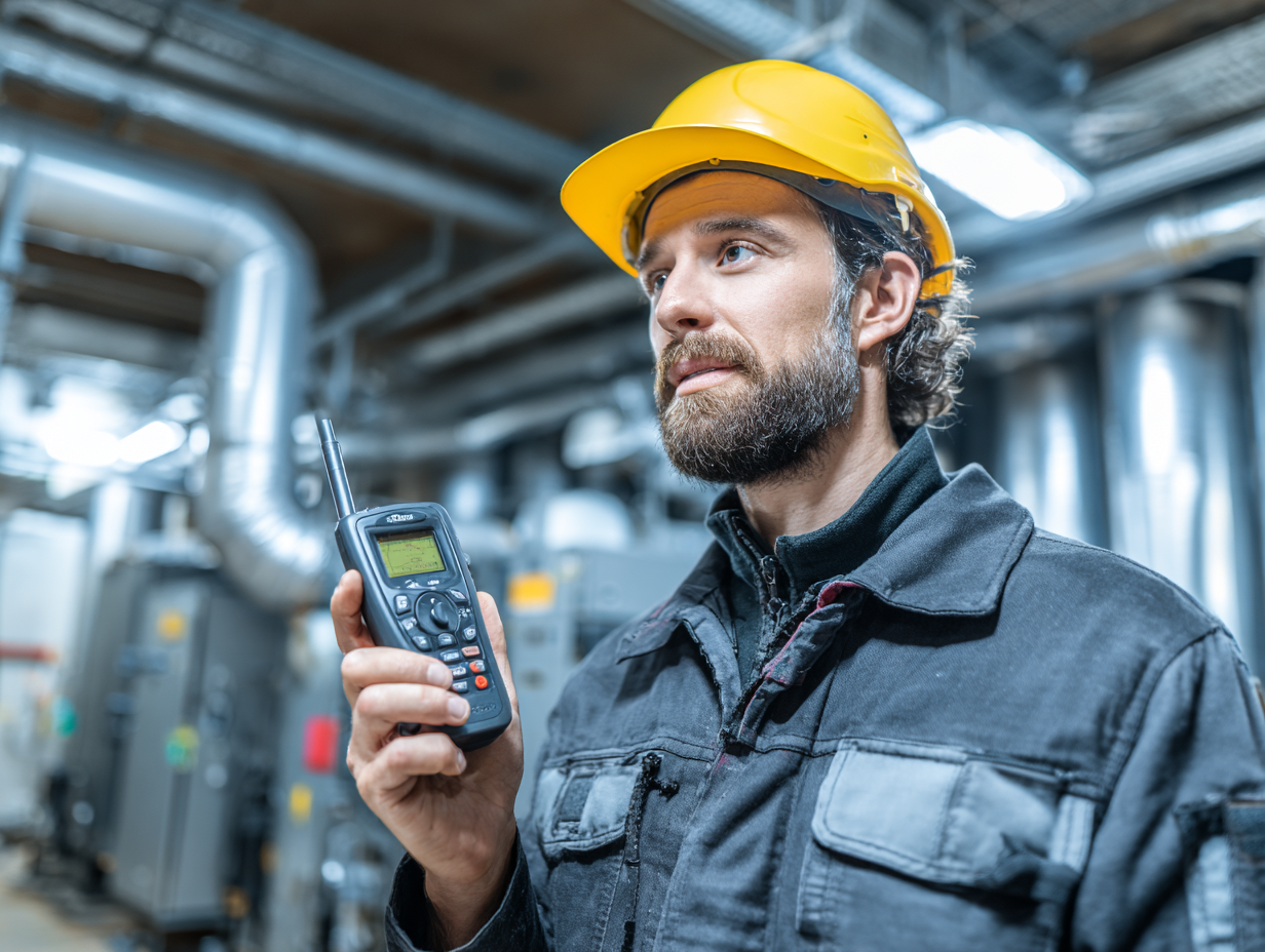 Acoustic engineer holding a sound level meter in a mechanical room